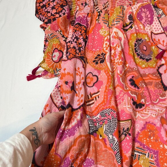 Banjanan Printed Mini Dress Flutter Sleeve Tassel Trim Floral Pink Red Large Boh - Picture 14 of 16